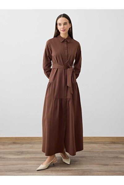Refka Belted Hijab Dress with Cut-Out Skirt Detail - Brown -