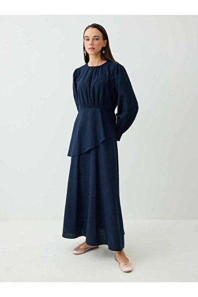 Benin Asymmetrical Cut Balloon Sleeves Pleated Detailed Linen Hijab Dress - N...