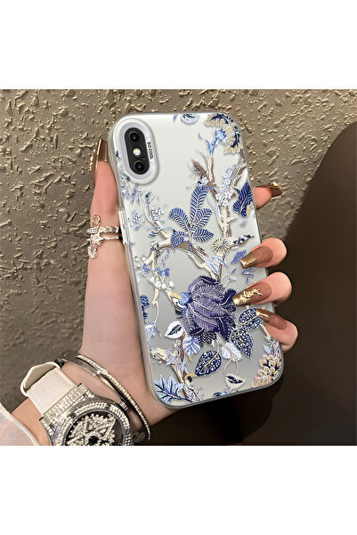 ARTISHELL iPhone X/XS Uyumlu Mavi Botanik Kuş Çiçek Deseni Darbeye Dayanıklı ...