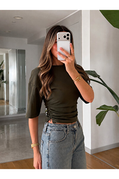 My Blog Khaki Side Zipper Detailed Drawstring T-Shirt - 2Y261003