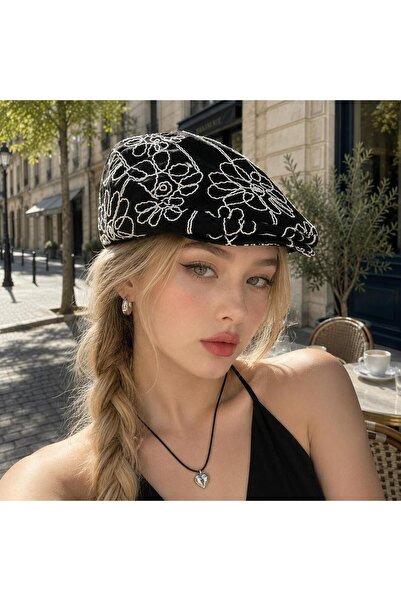 valkyrie Women's Floral Embroidered Linen Cap Hat Black and White Summer Ligh...