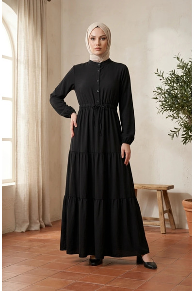 sefamerve Hakim Collar Buttoned Layered Hijab Dress 0336-05 Black