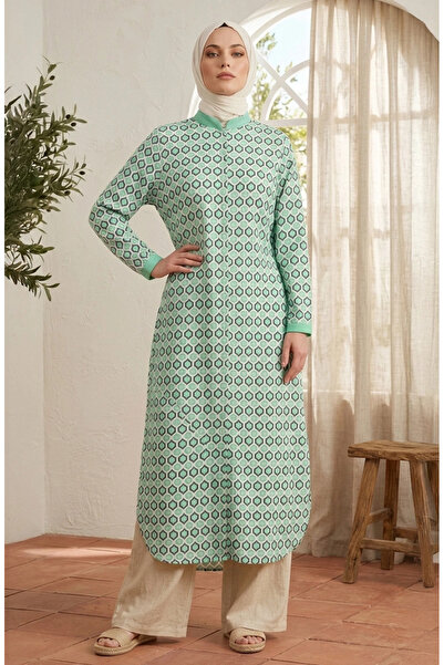 sefamerve Geometric Patterned Buttoned Hijab Double Set 2289-01 Green