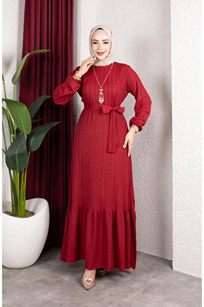 sefamerve Bürümcük Fabric Striped Belted Hijab Dress 0908-01 Claret Red