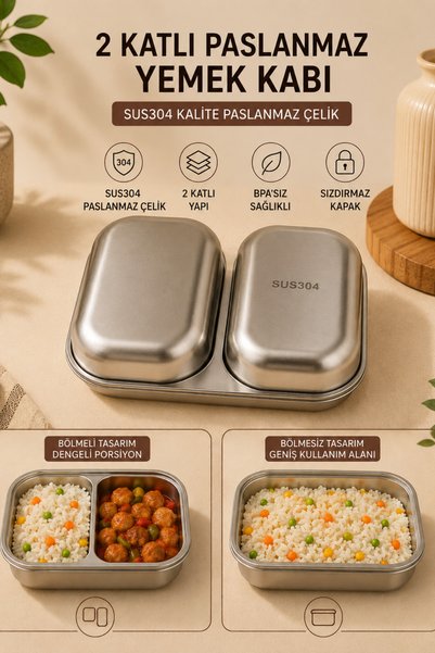 Enza WoodShell Ahşap Kapaklı304ÇelikÇift Katlı400 ml x 2 Yemek Mama Saklama Kabı