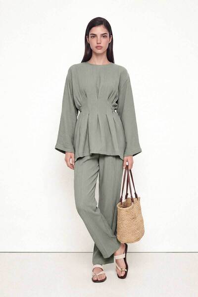Hooopstore Pile Detailed Khaki Blouse and Pants Set