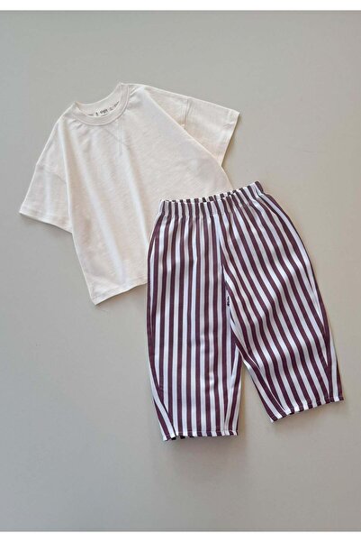 Cigit Oversize T-Shirt Set 2-10 Years Old Ecru Burgundy Striped