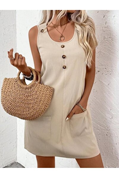 Şeker Portakalım Women's Strappy Round Neck Short Dress with Front Buttoned P...
