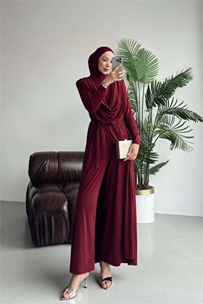 Dipmoda Women's Burgundy Degaje Collar Belted Sandy Fabric Hijab Jumpsuit Nms089