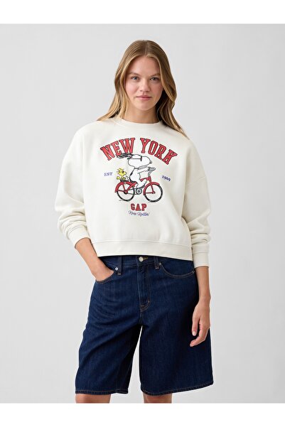 GAP Kadın Krem Peanuts Oversized Wedge Bisiklet Yaka Sweatshirt