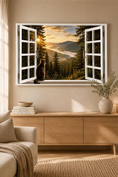 Piksel Grafik 3D Forest Scenery and Cat Window Wall Sticker