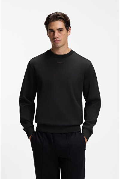 BOSS Men's Regular Cut Cotton Logo Label Round Neck Long Sleeve Black Sweatshirt