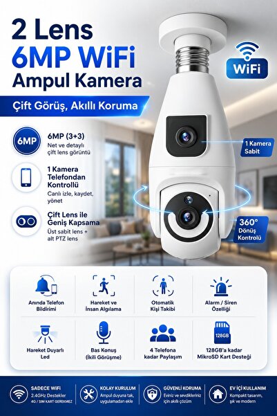 IDS 3MP+3MP 2 KAMERALI AMPUL GÜVENLİK KAMERASI - 360 HAREKET - MOBİL BİLDİRİM...