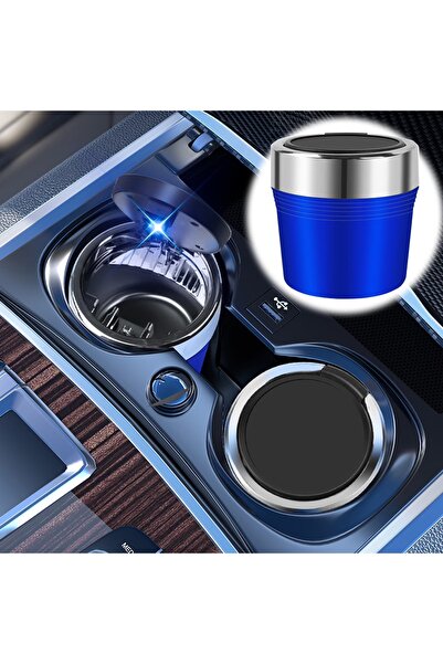 Modifiyum Mavi Mini Araç İçi Küllük Metal Hazneli Mavi Işıklı basmalı Kapaklı...
