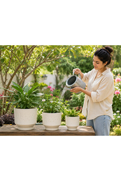 Lacoz 3-Piece Ceramic Flower Pot Set with Textured Design Decorative Indoor & Outdoor Planters for Succulents, Cactus, Herbs & Small Plants White