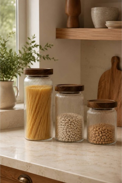 BUCOLIC Acacia Lid Striped Glass Jar Set – 3-Piece Storage Jar Set