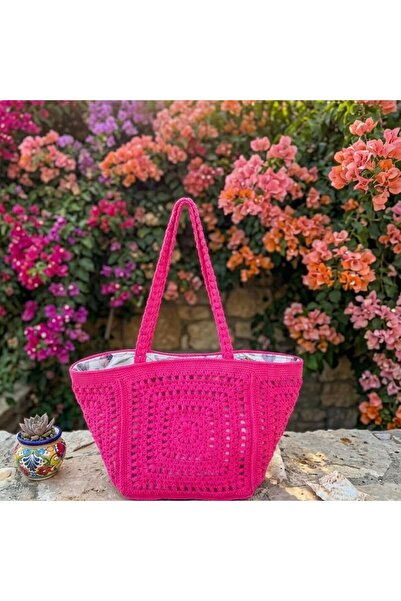 B BUL AKSESUAR Knitted Handmade Shoulder Bag - Lined Metallic Closure Beach a...