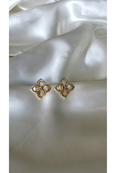 Eylülün Takısı Women's Gold Color Stone and Glitter Flower Earrings
