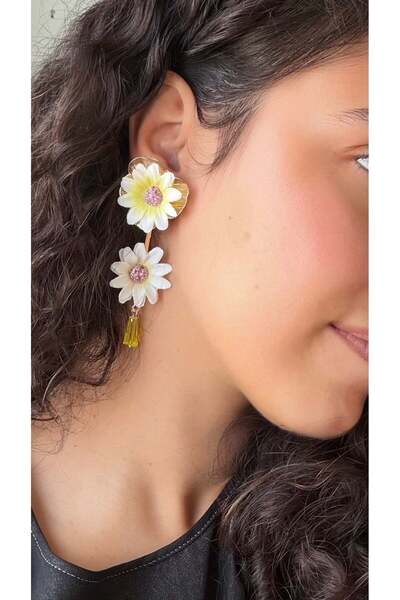 Eylülün Takısı Women's Gold Detailed Daisy Model Long Dangle Earrings