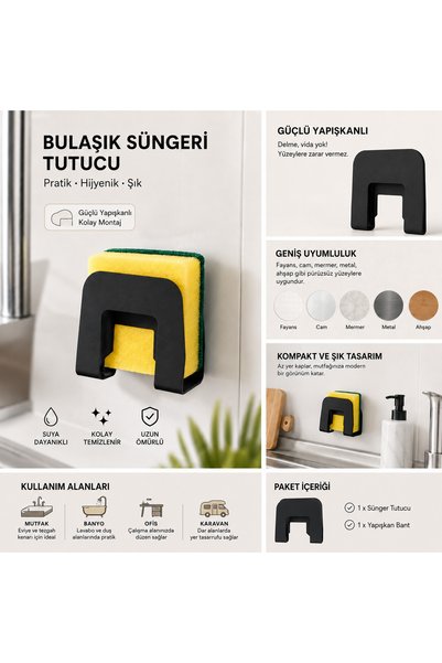 Lilasso Home Tekli Paslanmaz Bulaşık Süngeri Tutucu Yapışkanlı Askılık -Siyah