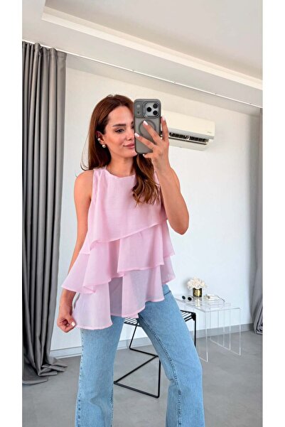 pelin yıldız butik Pembe Joy Fırfırlı Bluz