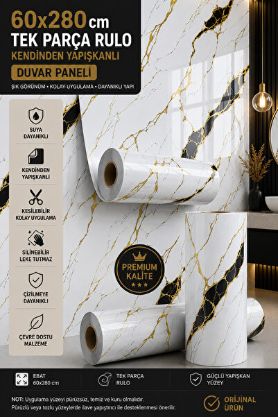 UKAB DEKOR 60x280 Cm Siyah Gold Kendinden Yapışkanlı Pratik Seramik Dekoratif...