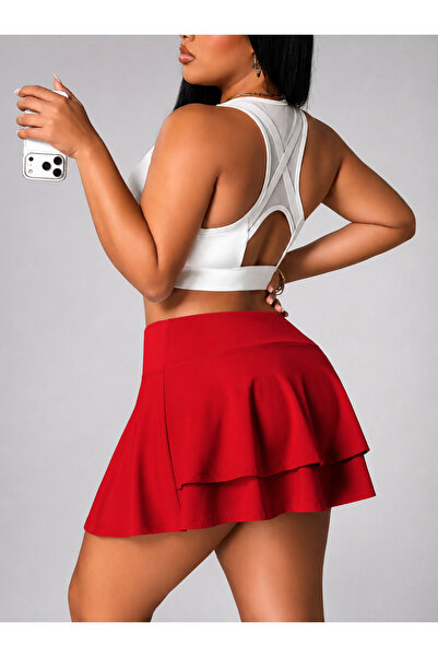 MAROVOAY High-Waisted Lycra Mini Flared Skirt with 2 Layers on the Back