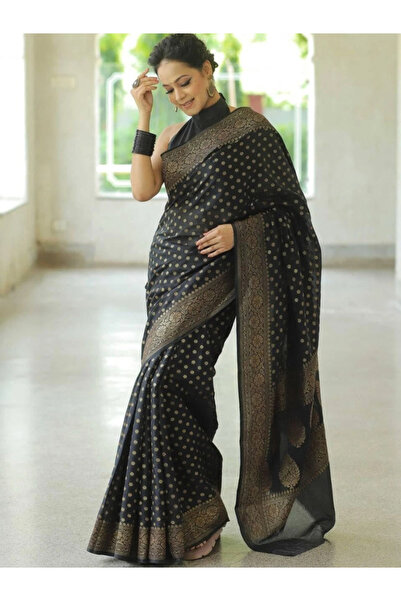 MYSMAR Black Banarasi Silk Saree - KTZ1007 | Black