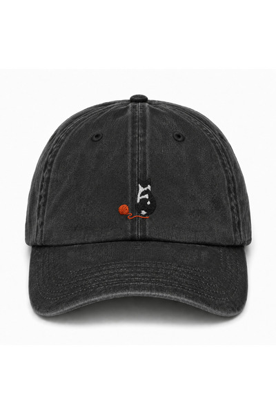 WeavedCo Cat and Wool Ball Embroidered Unisex Vintage Washed Distressed Cap Hat