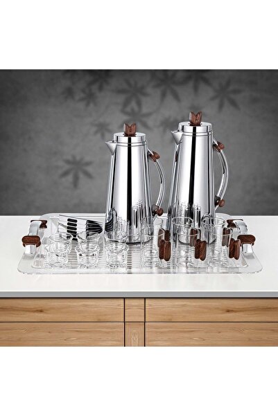 Almarjan 21 Pieces Tea & Coffee Set, Silver & Dark Wood