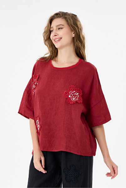 della moor Burgundy Italian 100% Linen Stone Oversize Linen Blouse Size 38 - 42