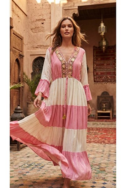 moda gk Boncuk/Nakış Detaylı Parlak Desenli Bohem Pamuk/İpek Elbise