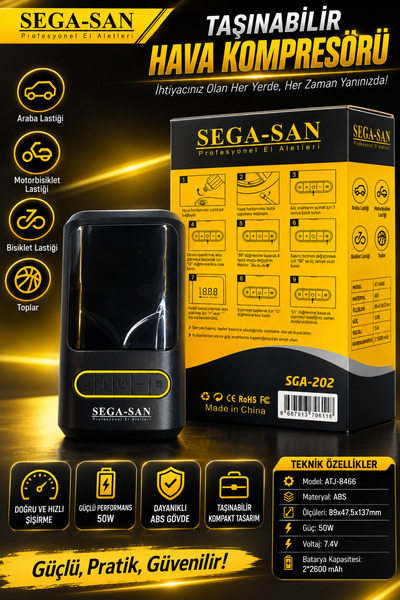 SEGASAN SEGA-SAN Taşınabilir Kompakt Hava Kompresörü SGA-202 Araba, Motor, Bi...