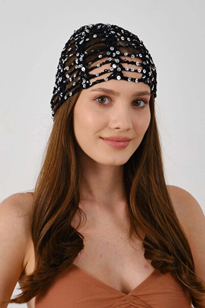 C&City Sequin Detailed Summer Knitted Beanie Y8248 Black