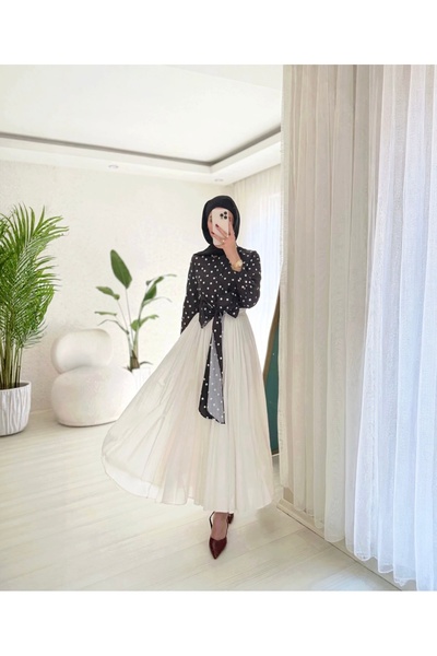 BELLASTORE Polka Dot Patterned Shirt & Pleated Skirt Set