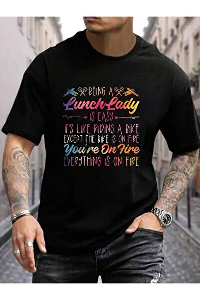 NOURAM تي شيرت صيفي قطني 100% بطبعة 'Being Lunch Lady Is Easy It's Like Ridin...