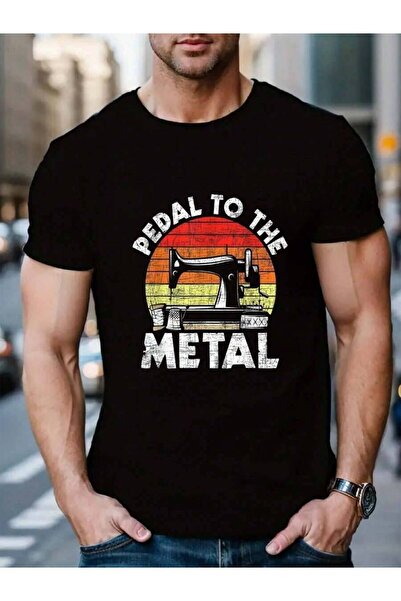 01THEONE تي شيرت رجالي أسود 100% قطن بتصميم Pedal To The Metal - Sewing Machi...