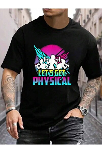 9TAY تي شيرت رجالي أسود 100% قطن بتصميم 'Let's Get Physical' للصالة الرياضية ...