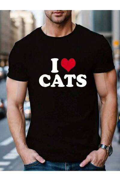 9TAY تي شيرت صيفي كلاسيكي للرجال والنساء من القطن 100% بطبعة I Love Cats، أسو...