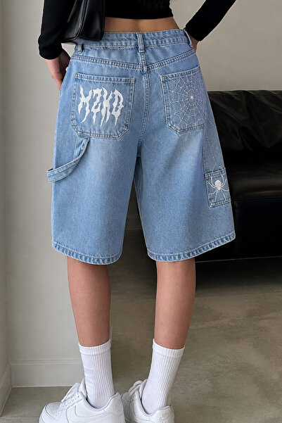 GRİİ WEAR شورت برمودا من الدنيم الفضفاض بطبعة عنكبوت للجنسين