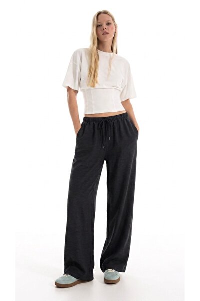 DAMGA JEANS Γυναικείο καλοκαιρινό άνετο μαύρο λινό παντελόνι με ελαστική μέση