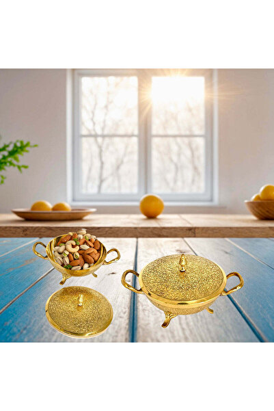 Al Athar Arts Premium Brass Bowl with Lid & Handle Decorative in Gold Finish(...