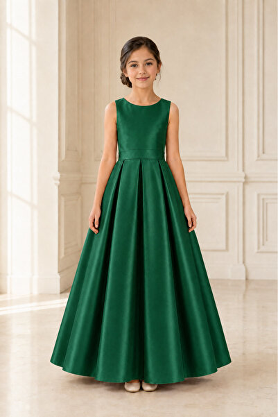 nsmkidslife Girl's A-Line Pleated Plain Satin Long Dress Graduation Birthday ...