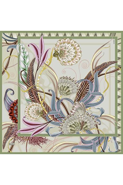 Levidor Pistachio Green Ivy Detailed Twill Silk Scarf