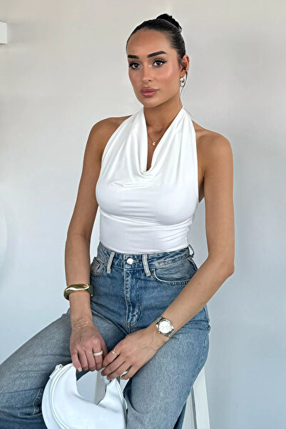 Aryena Cream Women's Halter Neck Lycra Blouse with Gold Buckle Detail