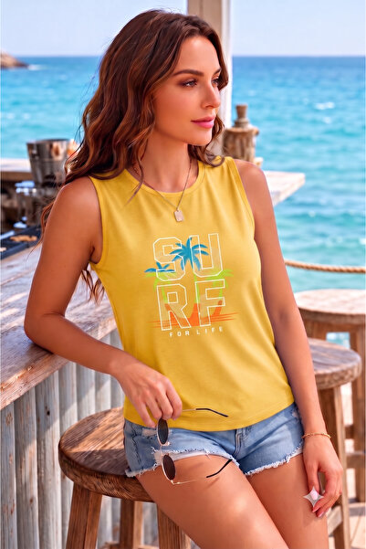 BW Bravely Wear تي شيرت نسائي بدون أكمام مطبوع عليه SURF FOR LIFE (بدون أكتاف)