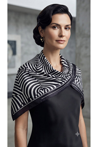 ŞALSERA Shoulder Shawl, 100 X 100 cm Stripe Pattern Black and White, Compleme...