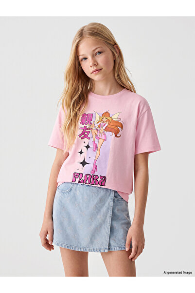 LC Waikiki Trendlucky Oval Collar Winx Club Printed Girls' T-Shirt with a Dif...