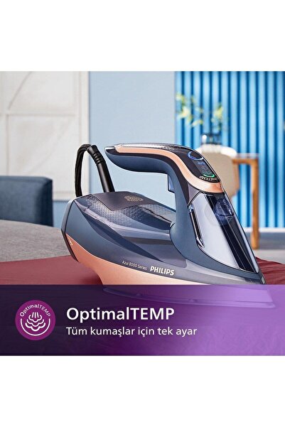 Philips Kumaşa Göre Isı ayarlayan Azur 8000 Serisi Buharlı Ütü OptimalTEMP Teknolojisi ile 3000W 260g Şok Buhar•Dikey buhar fonksiyonu + Şarjlı Hav%Yün Temizleyici Hediye(Onerous)