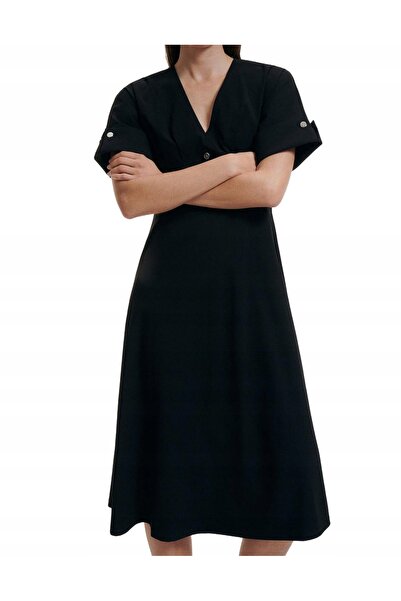 NO BRAND Rochie midi clasică neagră, uni, cu mâneci scurte, decolteu în V, na...